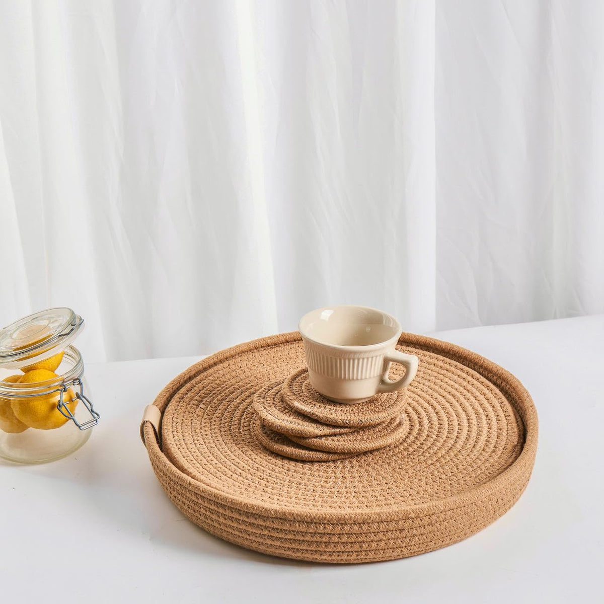 Art PineCone's Woven Cotton Rope Round Placemats Set of 4 with Holder Included, Non-Slip, and Heat Resistant Shabby Chic Placemats (Caramel, 13 inch Plus Coaster)