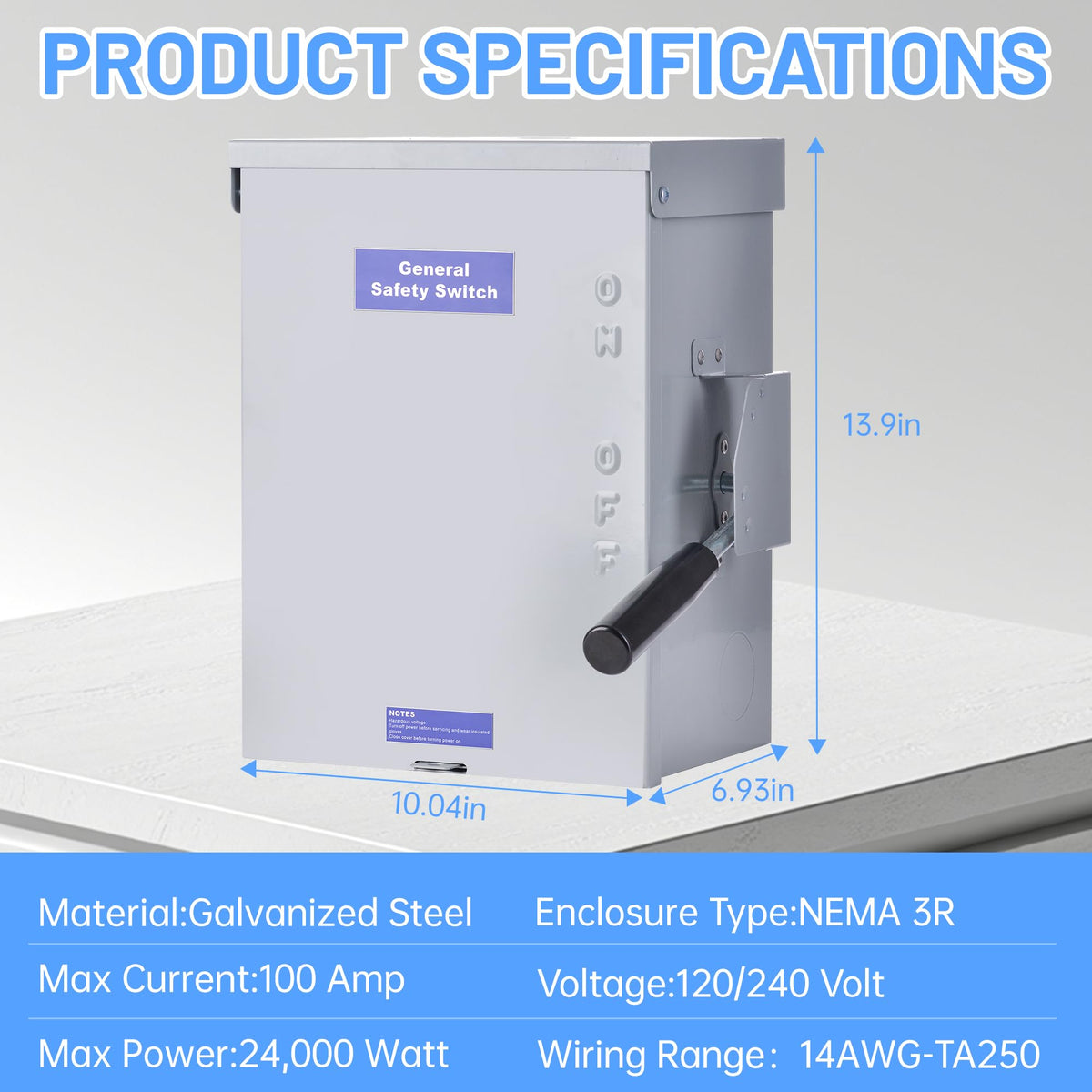 100 Amp Disconnect Switch Box, 120/240V 3 Pole Heavy Duty Safety Switch with Ground, Multi-Safety Protection Design, Non-Fusible, Galvanized Steel Enclosure, NEMA 3R Standards for Indoor and Outdoor