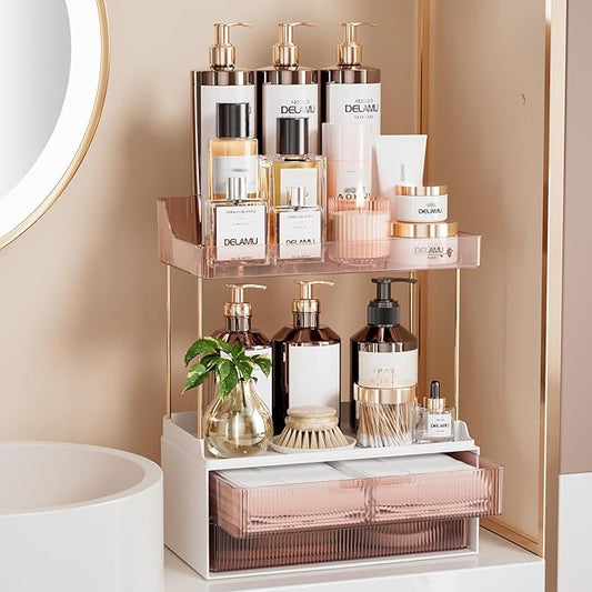 Delamu Bathroom Organizers and Storage, 2 Tier 2 Drawer Makeup Organizer Countertop, Easy to Install, Ideal for Bathroom Counter, Vanity, Ideal Gifts for Women Girls, Grapefruit