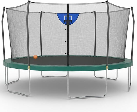 Skywalker Trampoline Outdoor 8 FT, 12 FT, 15 FT Jump N’ Dunk Round Outdoor Trampoline with Net, Trampoline Mat, and Basketball Hoop for Trampoline
