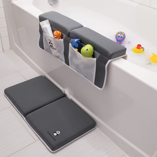 Cuddling Baby Bath Kneeler and Elbow Rest Pad Set - 2PC Premium Baby Bath Mat Set - Non-Slip Kneeling Pad with Storage Pockets - Machine Washable, Durable Foam Pad Bundle - Gray