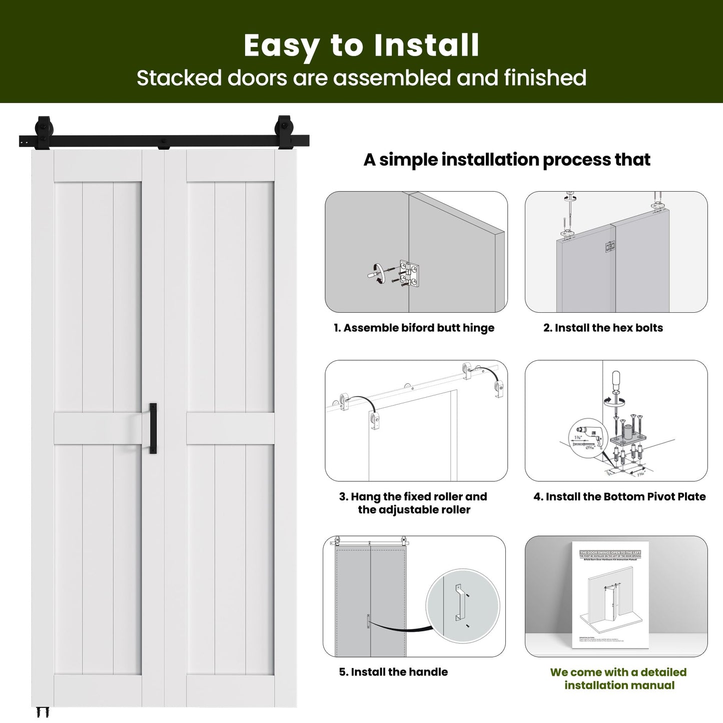 SMARTSTANDARD Bifold Barn Door 40'' x 84'',Bi-Fold Sliding Closet Doors with Hardware Kit Included,44'' Track Kit for 2 Doors,Waterproof & Quiet,Pre-Drilled Holes Easy Assembly,White