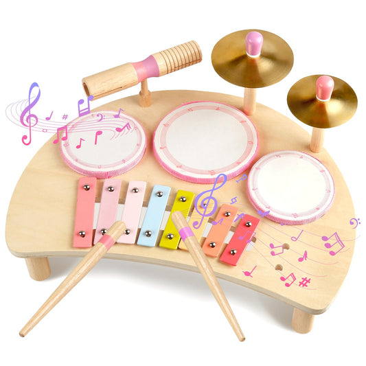 Kids Drum Set Montessori Musical Instruments for Toddlers 1-3, Wooden Baby Drum Kit with Xylophone, Preschool Music Toys for Early Learning, Educational Birthday Gift for Boys Girls (Pink)