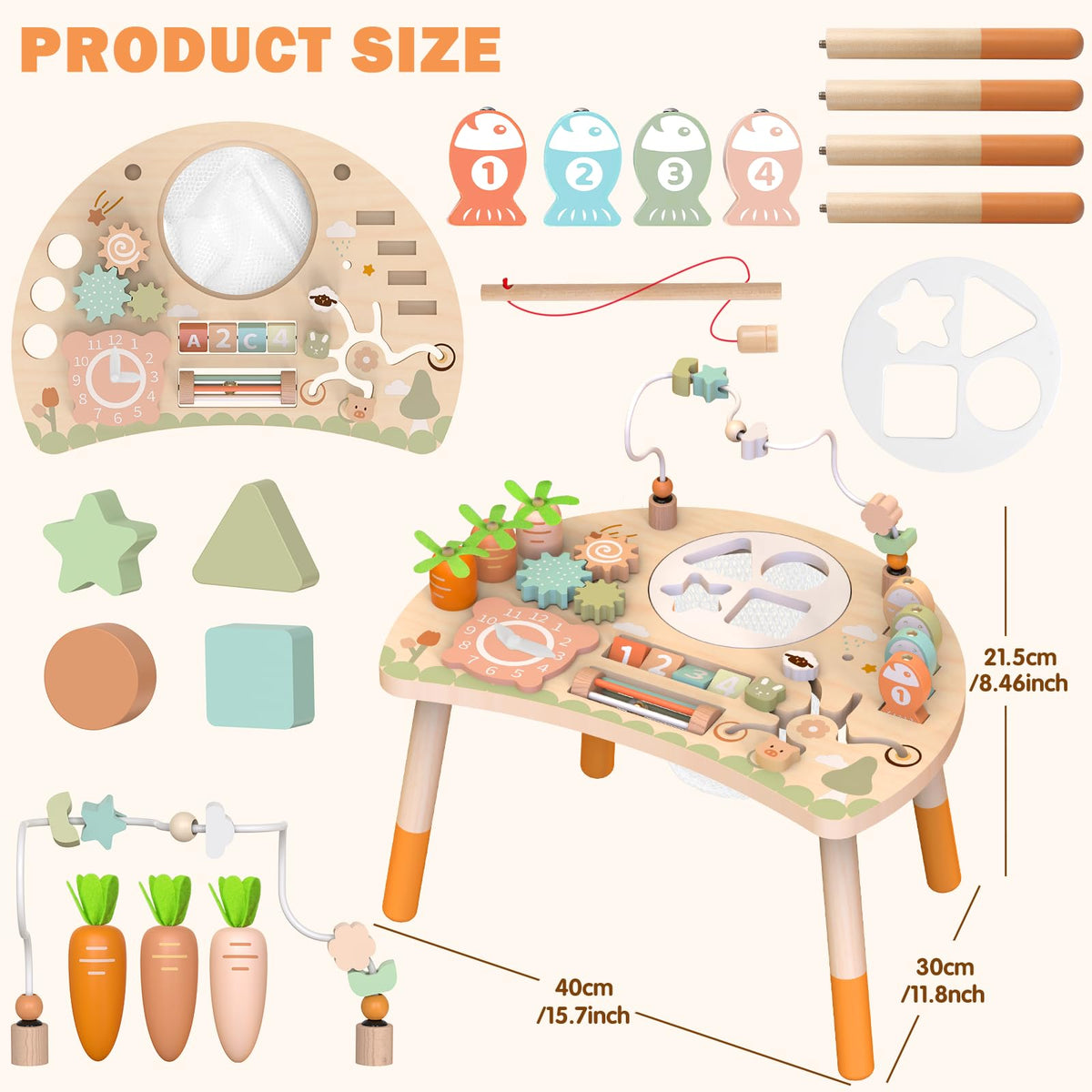 Weilim Activity Table, 9-in-1 Wooden Montessori Toy Activity Center with Shape Sorter Fishing Game Bead Maze, Baby Play Table Sensory Educational Toys for Toddler