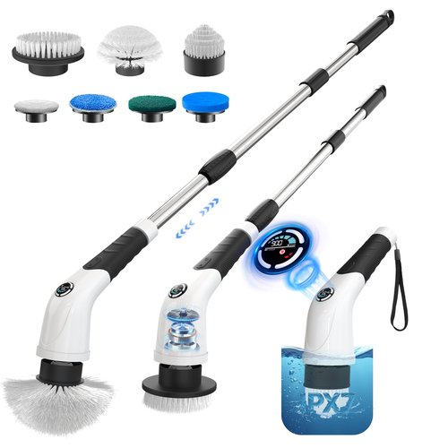 Cordless Electric Spin Scrubber, IPX7 Waterproof Rechargeable Power Cleaning Brush with 4000mAh Battery, 210min Runtime, 7 Brush Heads, 3 Adjustable Speeds, for Shower, Tub, Tile, Kitchen, Floor