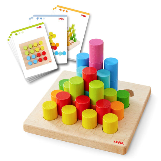HABA Rainbow Risers Wooden Stacking Game: Montessori Toys for 2 Year Old & Up, Shape Sorter & Wooden Pegboard Preschool Learning Toys with Challenge Cards