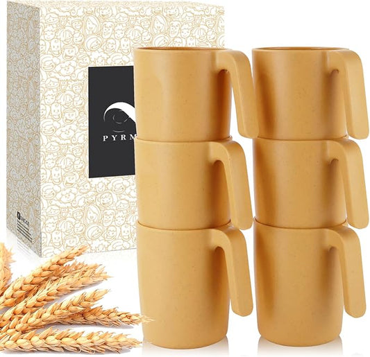 PYRMONT Wheat Straw Cups 16 Oz Alternative Plastic Cups With Handle Dishwasher & Microwave Safe Mug Set of 6 Unbreakable Cups Set for Kitchen,Party,RV Travel Unbreakable Water Cups-Yellow