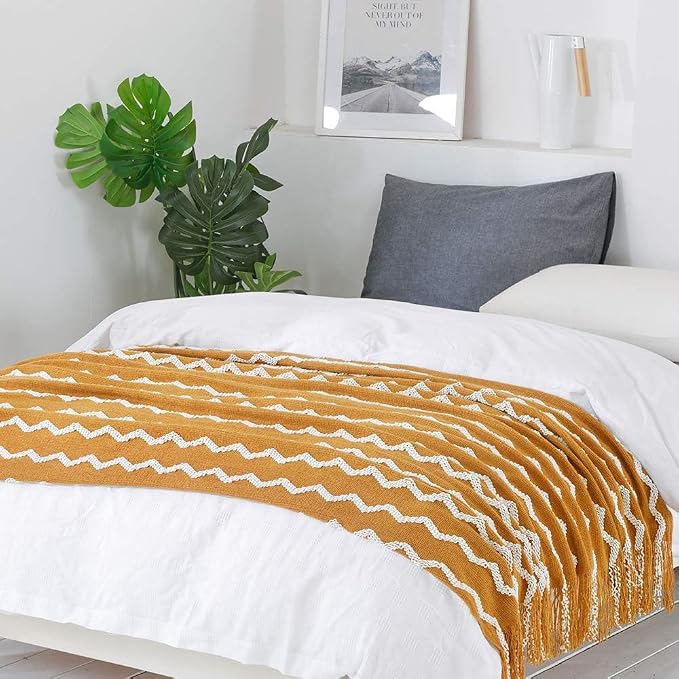 BOURINA Fluffy Chenille Knitted Fringe Throw Blanket Lightweight Soft Cozy for Bed Sofa Chair Throw Blankets, 60" x 80",Mustard