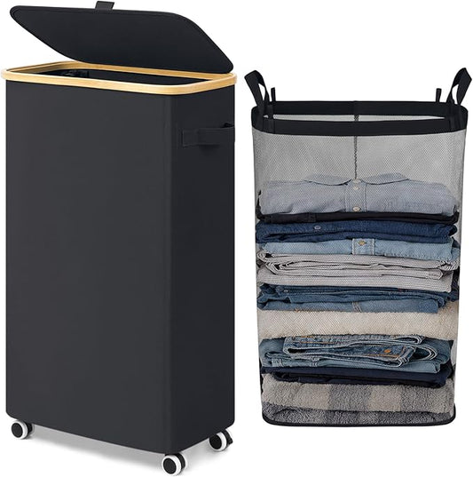 Goodpick Slim Laundry Basket with Wheels and Lid, 75L Rolling Laundry Hamper for Dorm Home Decor, Large Clothes Hamper with Bamboo Frame Removable Bag, Black, 17" x 9.8" x 29.5"