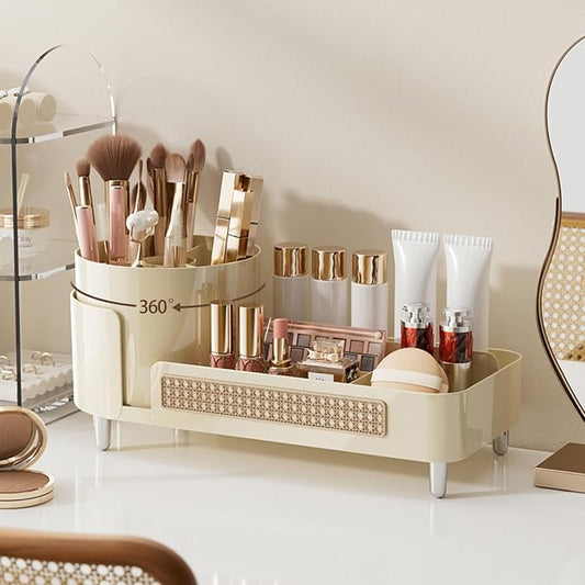 Booklov Rotating Makeup Caddy Organizer for Vanity, Large Capacity Cosmetic Display Case, Countertop Beauty Storage Holder for Skincare, Brush Eyeliner Lipstick, Counter Table Organization, Cream
