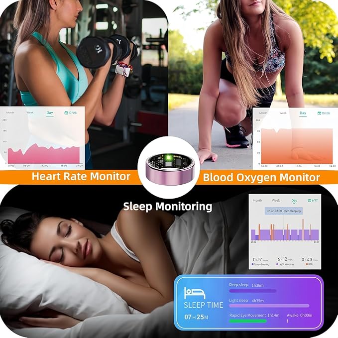 Smart Ring for Women Men, Health Tracker with Heart Rate/Blood Oxygen/Blood Pressure/Sleep Monitor/Step Counting, IP68 Waterproof Fitness Ring, No App Fees for iPhone & Android (Rose Gold, 6#