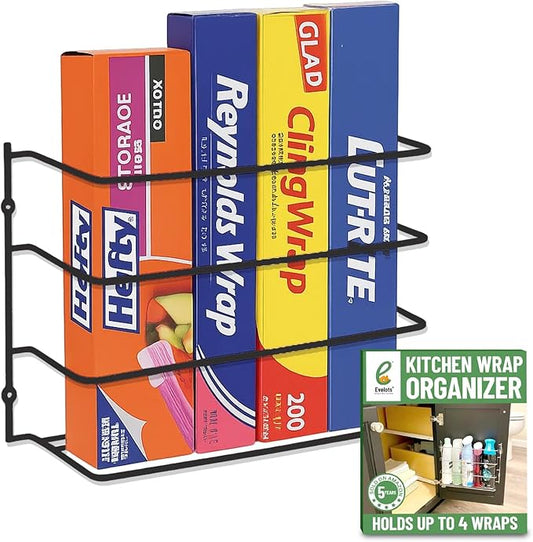 Evelots Kitchen Wrap Organizer - Hold up to 4 Plastic, Foil, Paper, Wax - Cabinet Door, Wall Rack Basket - Sandwich, Freezer, Food Bag Storage - Laundry Supplies - Black