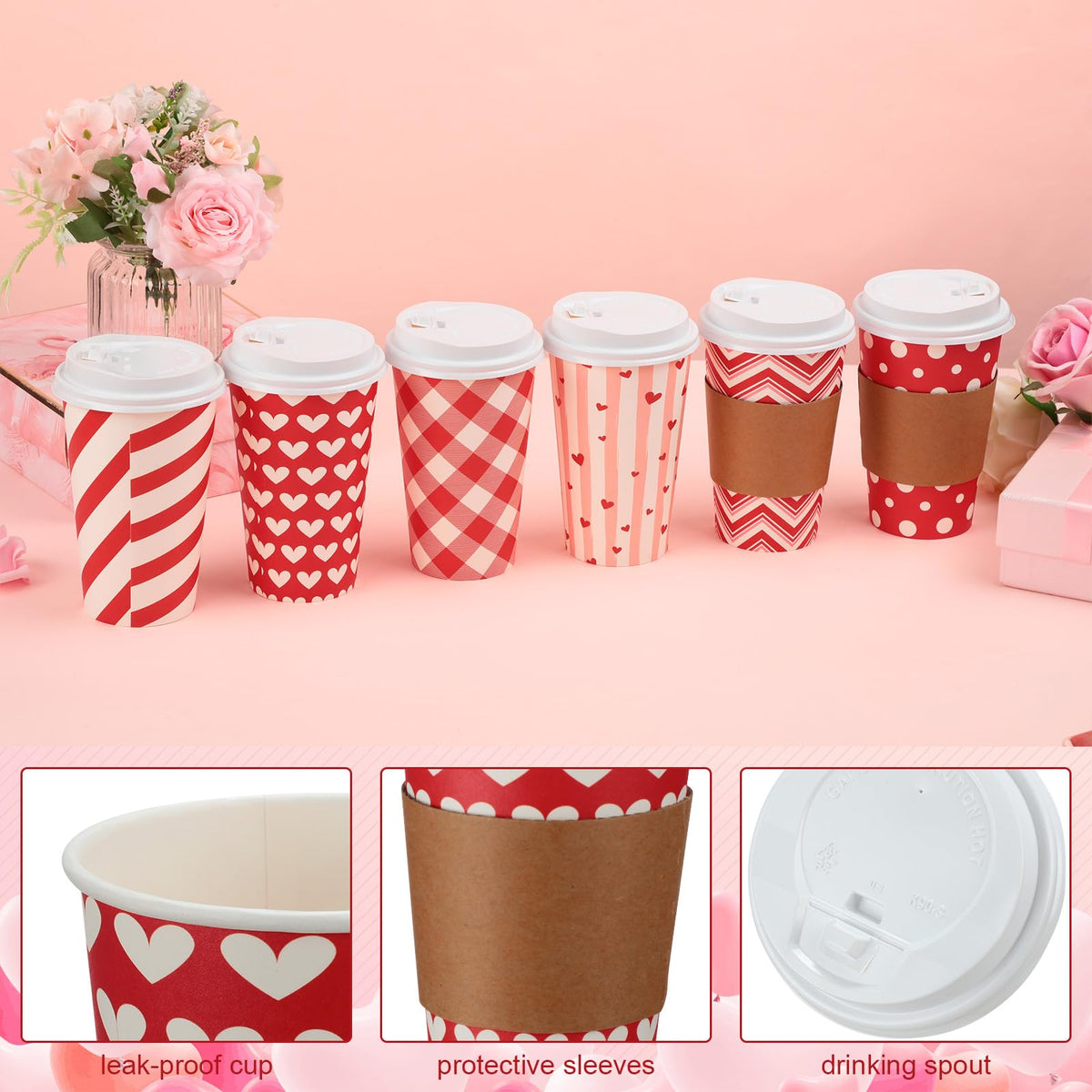Sosation 180pcs/60 Set Valentine‘s Day Coffee Paper Cups with Lids and Sleeves 16 oz Disposable Hot Cocoa Cups Valentines Pink Paper Beverage Tumbler for Hot Chocolate Coffee Bar Accessories, 6 Styles