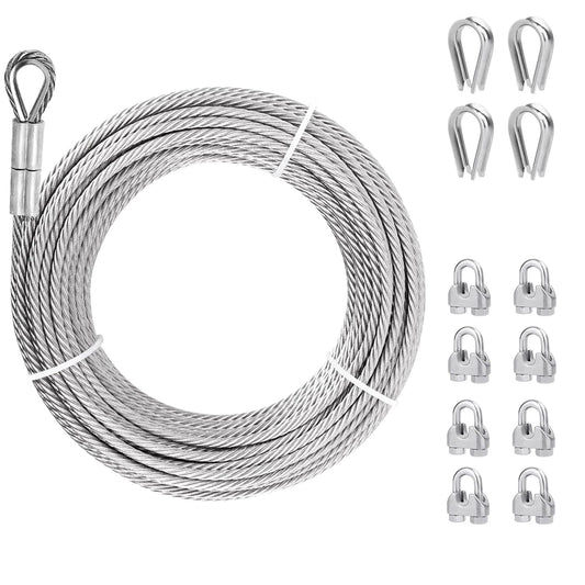 3/8” Stainless Steel Cable, 150ft 304 Stainless Steel Aircraft Cable with 12000lbs Breaking Strength, 7x19 Strands Wire Rope with Clamps & Thimble for Ziplines, Boat Lifts, Deck Railings, Winch Cable