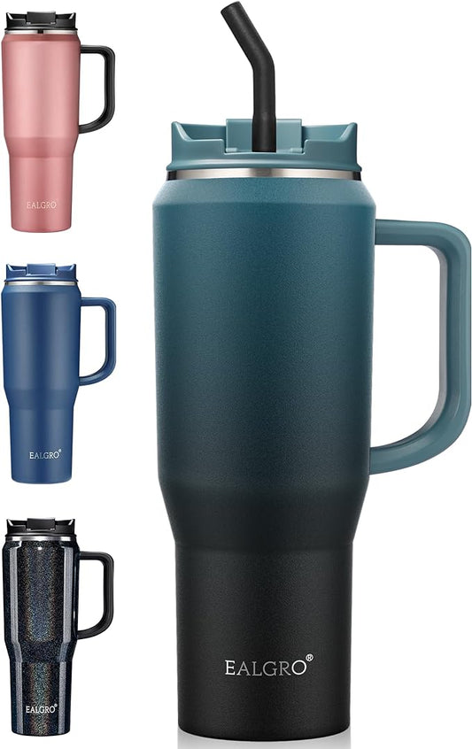 EALGRO 40 oz Insulated Water Bottle Jug with Straw and Handle, Large Metal Sport Water Flask, Stainless Steel Travel Coffee Mug Cup, Thermal Coffee Tumblers with Lid, Indigo Black