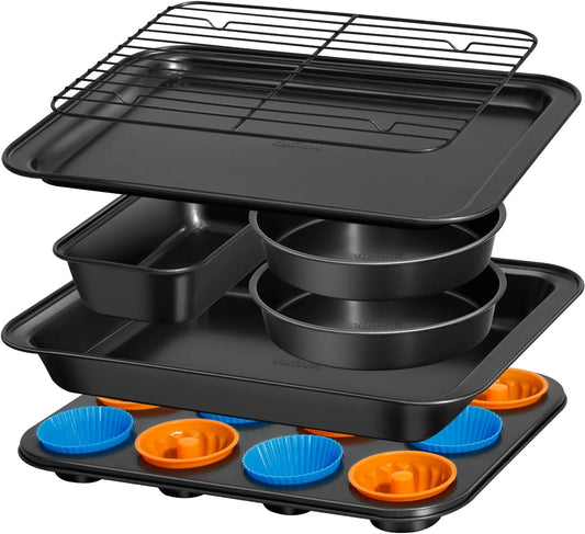 Skiennix Nonstick Baking Pans Set - 19 PCS Stackable Bakeware with Cookie Sheets, Cake Pans & Muffin Cups