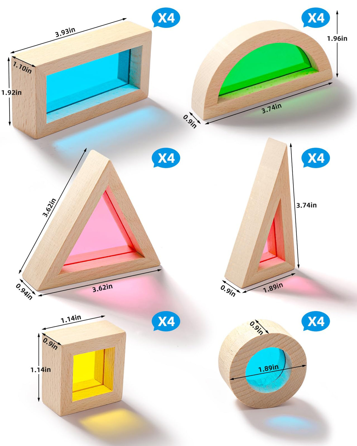 JOLKID Wooden Building Blocks with Rainbow Acrylic Windows - 24pc Classic Montessori Stacking Set - Screen-Free Educational STEM Construction Toys for Toddlers Ages 18M+