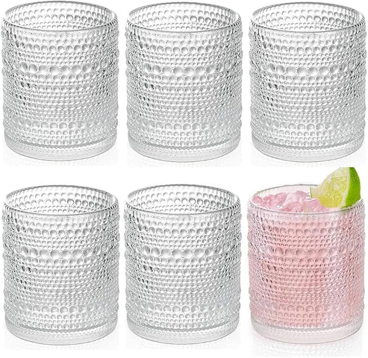 Hobnail Drinking Glasses set of 6 (13 oz), Vintage Glasses Drinking Set Cocktail Glasses, Embossed Glass Cup for Kitchen, Tumbler Glassware Set for Beer, Juice, Cocktail, Whiskey and Milk