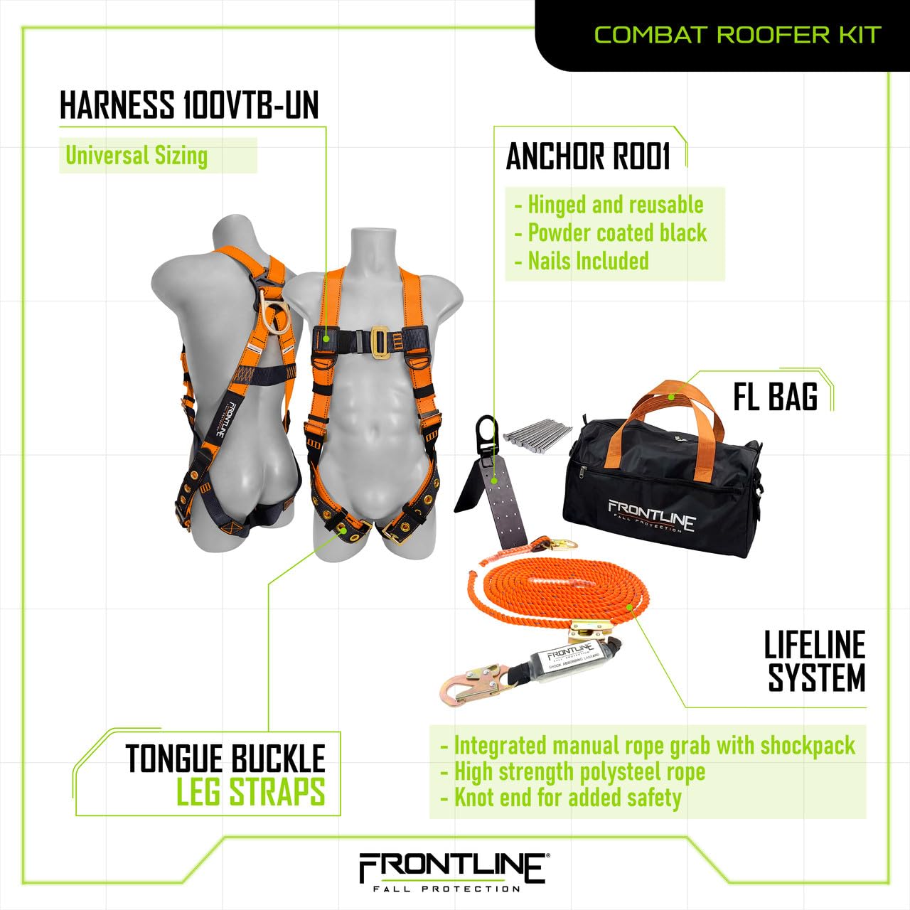 Frontline Combat™ Complete Roofers Kit | Includes Combat Harness, Roof Anchor, Vertical Lifeline with Rope Grab, & Duffel Bag | High-Visibility Orange | Universal Fit | ANSI & OSHA Compliant.