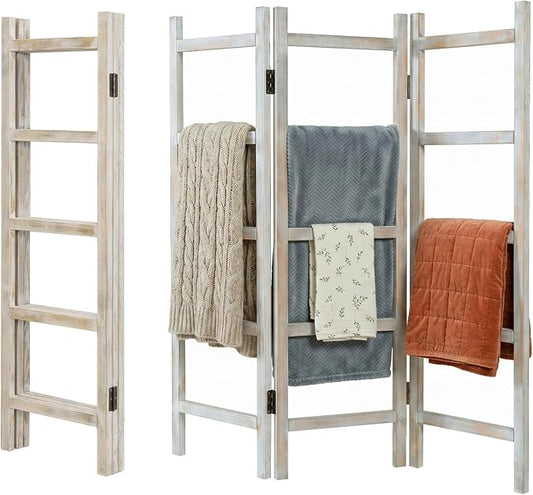 Blanket Ladder,59" H Wood Blanket Ladder for Living Room, Decorative Quilt dispaly Rack, Free Standing and Folding Towel Rack for Bathroom,Whitewashed.