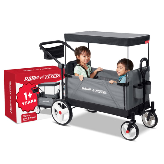 Radio Flyer City Luxe Stroll 'N Wagon, for Ages 1+, 3-in-1 Push or Pull, with Bench Mode, Easy Fold, UV Canopy, 5-Point Harnesses, Front Caster Wheels & 12" Rear Wheels, Stroller Wagon for Kids