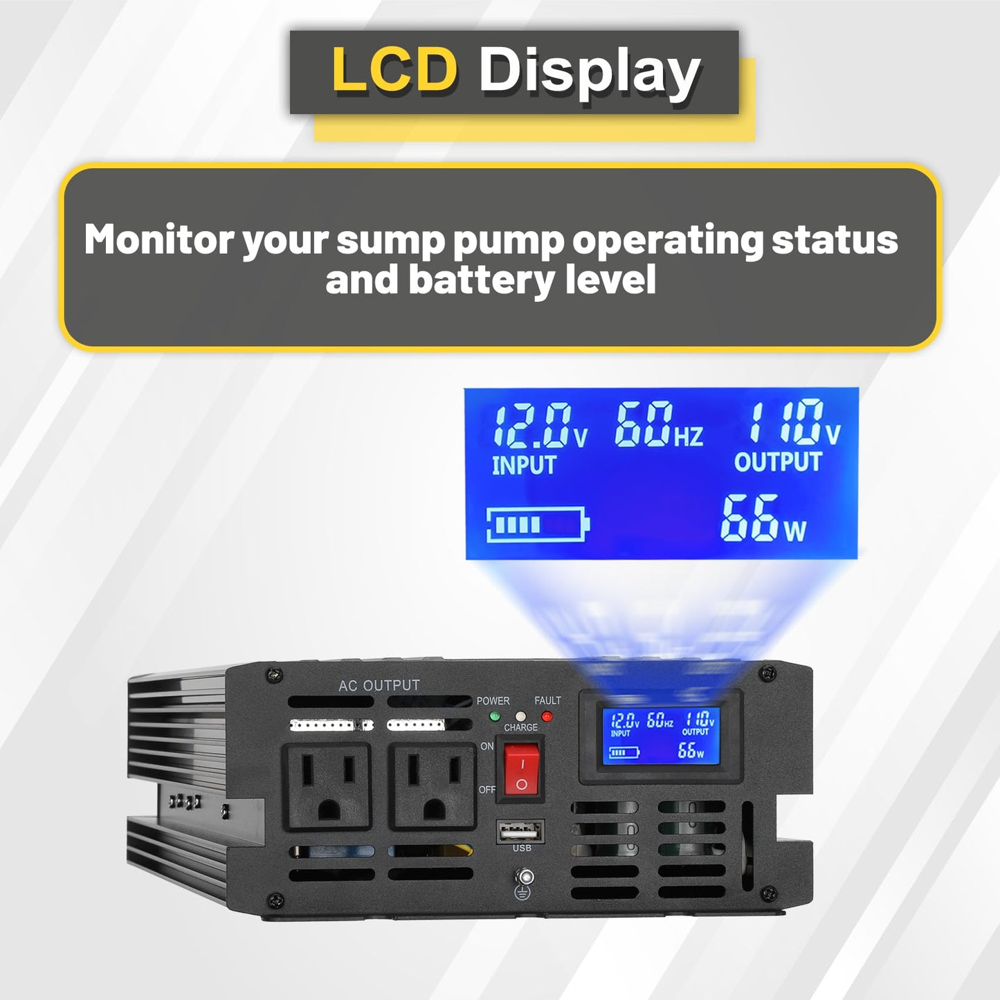 1500W Primary Sump Pump Backup System(No battery) Basment Protection Backup Inverter, Black, LCD Display, Auto Switches for Continuous Sump Pump Operation, Basement Emergency and Power Outage Backup