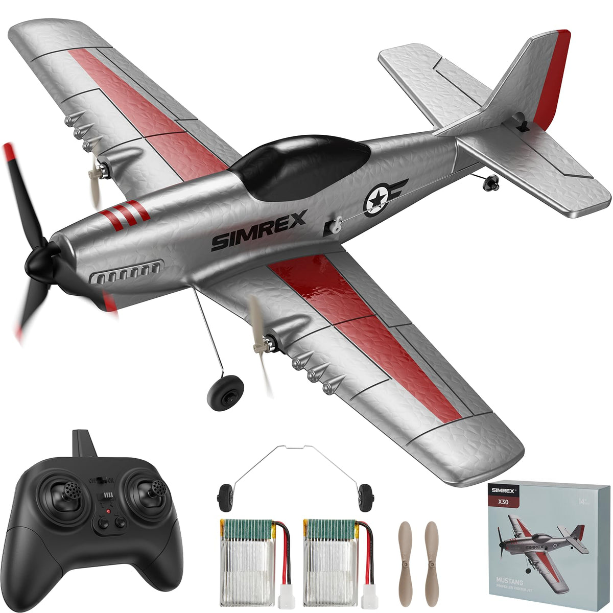 SIMREX RC Plane for Kids & Beginners - P51 Foam Glider, 2.4GHz 3-Channel Remote Control Airplane Toy with 6-Axis Gyro, Easy to Fly RC Airplane for Outdoor Park Play - Gift for Boys & Girls