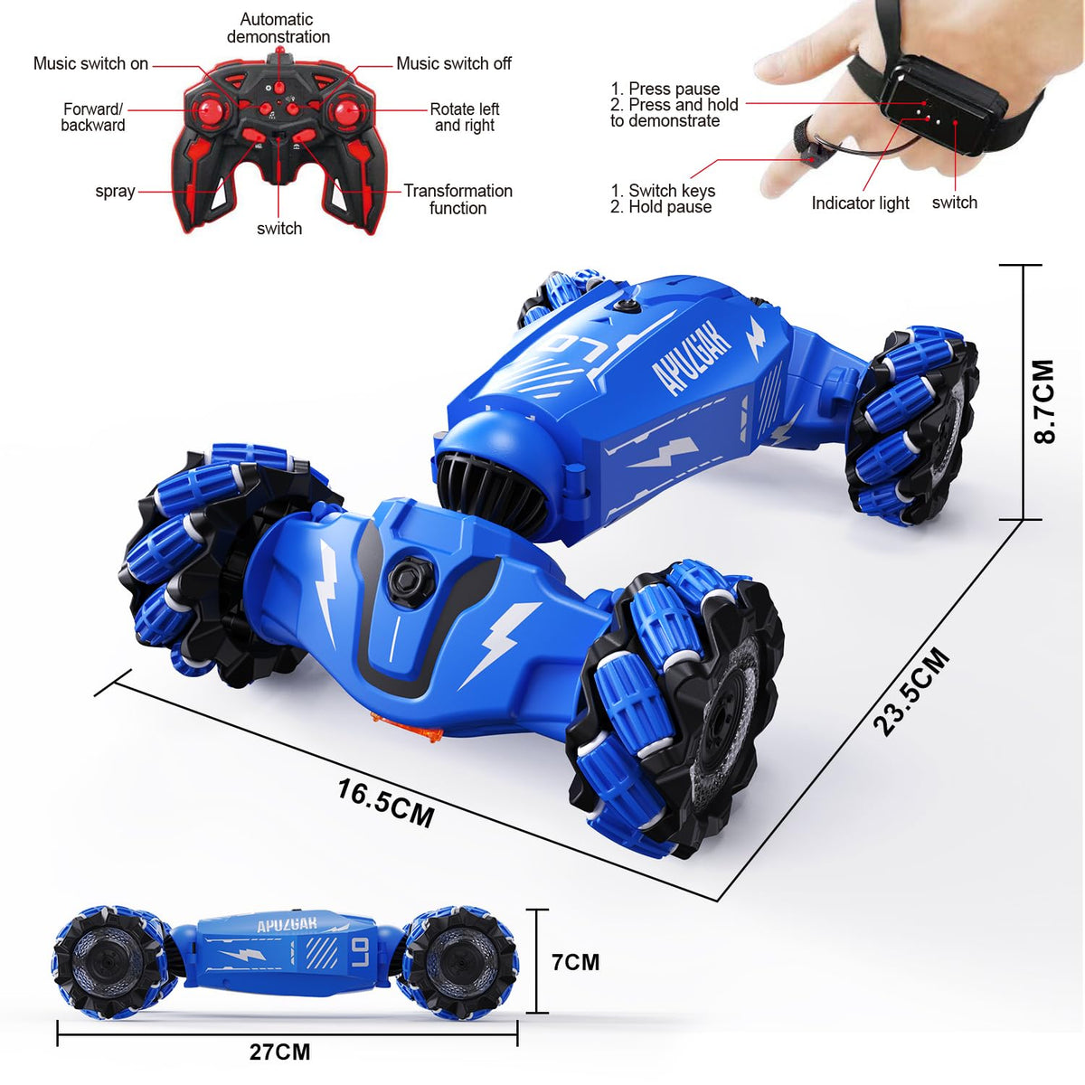 LOOZIX Upgraded Hand Gesture Sensing RC Stunt Car with Lights Music, Spray Drift Gesture RC Car 360° Spins All Terrains Hand Controlled Truck Toys for 6 7 8 9 10 Year Old Boys