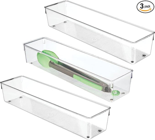 iDesign Plastic Drawer Organizer Bins - Storage for Kitchen, Bathroom, and Desk Drawers - Set of 3 - Clear