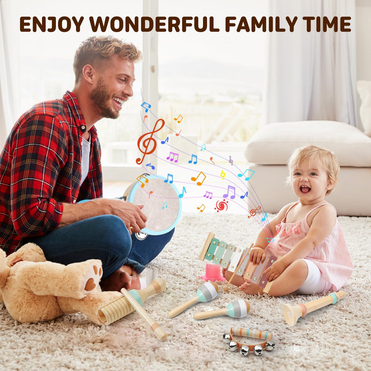 LeeQee Montessori Toys for 1 2 3 Year Old - Wooden Toys Baby Musical Instruments, Neutral Colors Percussion Instruments Set with Modern Boho Xylophone for Toddlers 3+ Music Education