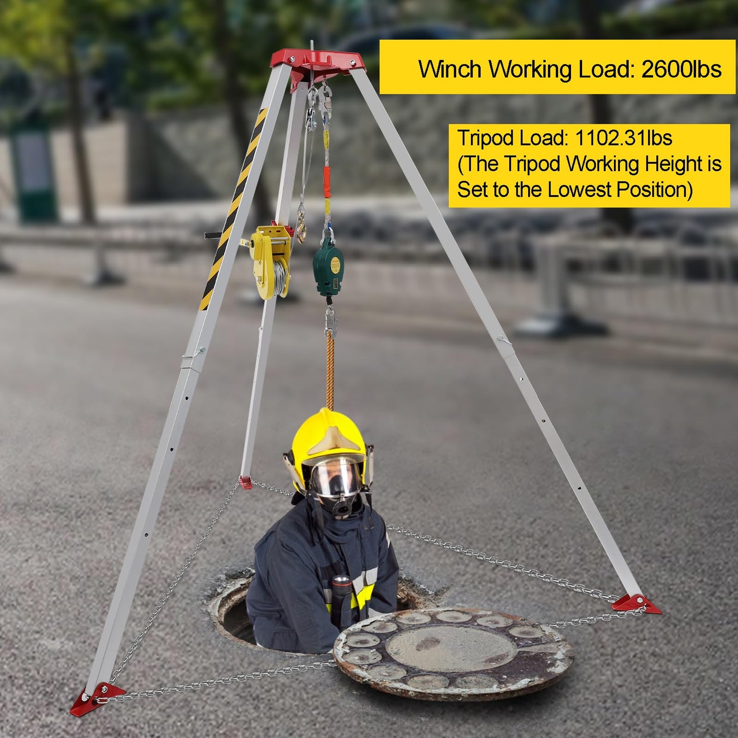 Confined Space Tripod Kit, Tripod Kit with 2600LBS Winch, Confined Space Rescue Tripod | 8.04ft Leg Bracket | 5.2-8ft Working Height | 1102.31lbs Tripod Load | 65.62ft Steel Wire Rope Length