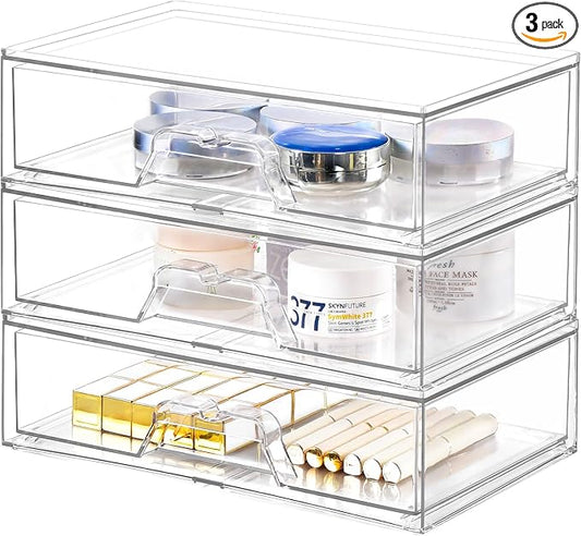 3 Pack Stackable Makeup Organizer, 12.1''L Acrylic Bathroom Organizer and Storage Undersink Drawer, Cosmetics and Beauty Supplies,Clear Plastic Storage Bins for Vanity,Pantry,Desk,Cabinet,Kitchen