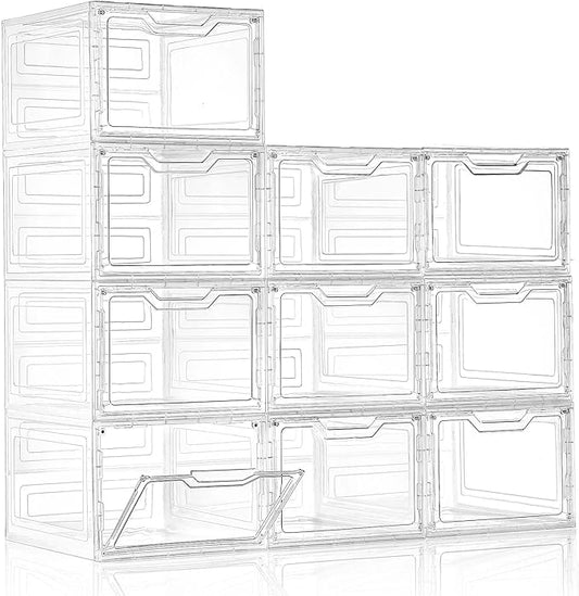 Freebat 10 Pack Closet Organizers and Storage,Clear Stackable Plastic Storage Bins with Lids Magnetic Doors,Clothes Organizers and Storage,Plastic Craft Containers for Wardrobe Kitchen Bathroom Office