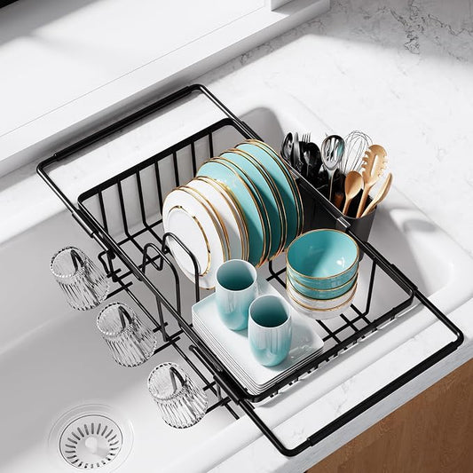 Sakugi Dish Drying Rack in Sink - Expandable Stainless Steel Dish Rack Over The Sink, Kitchen Sink Drain Strainer with Cutlery Holder & Cup Holders, 15.4 x 11.3 x 6.6 Inch, Black