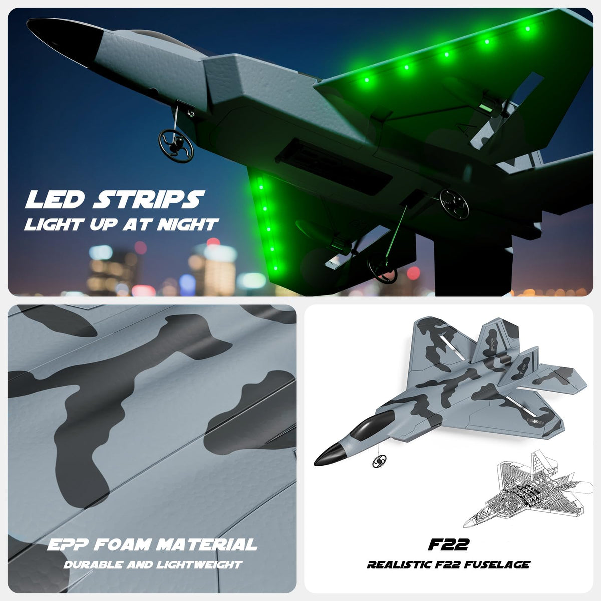 TOIBUS RC Plane Remote Control Airplane for Kids and Beginners F-22 Glider Foam Fighter Jet, 2CH 2.4GHz Aircraft Ready to Fly Toy with LED Lights Automatic Balance Gyro 2 Rechargeable Batteries