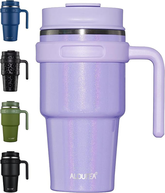 20 oz Insulated Coffee Mug Tumbler with Handle, Stainless Steel Travel Mug Tumbler with Lid and Straw, Double Wall Vacuum Leak Proof Ice Coffee Thermal Cup, Lavender Glitter