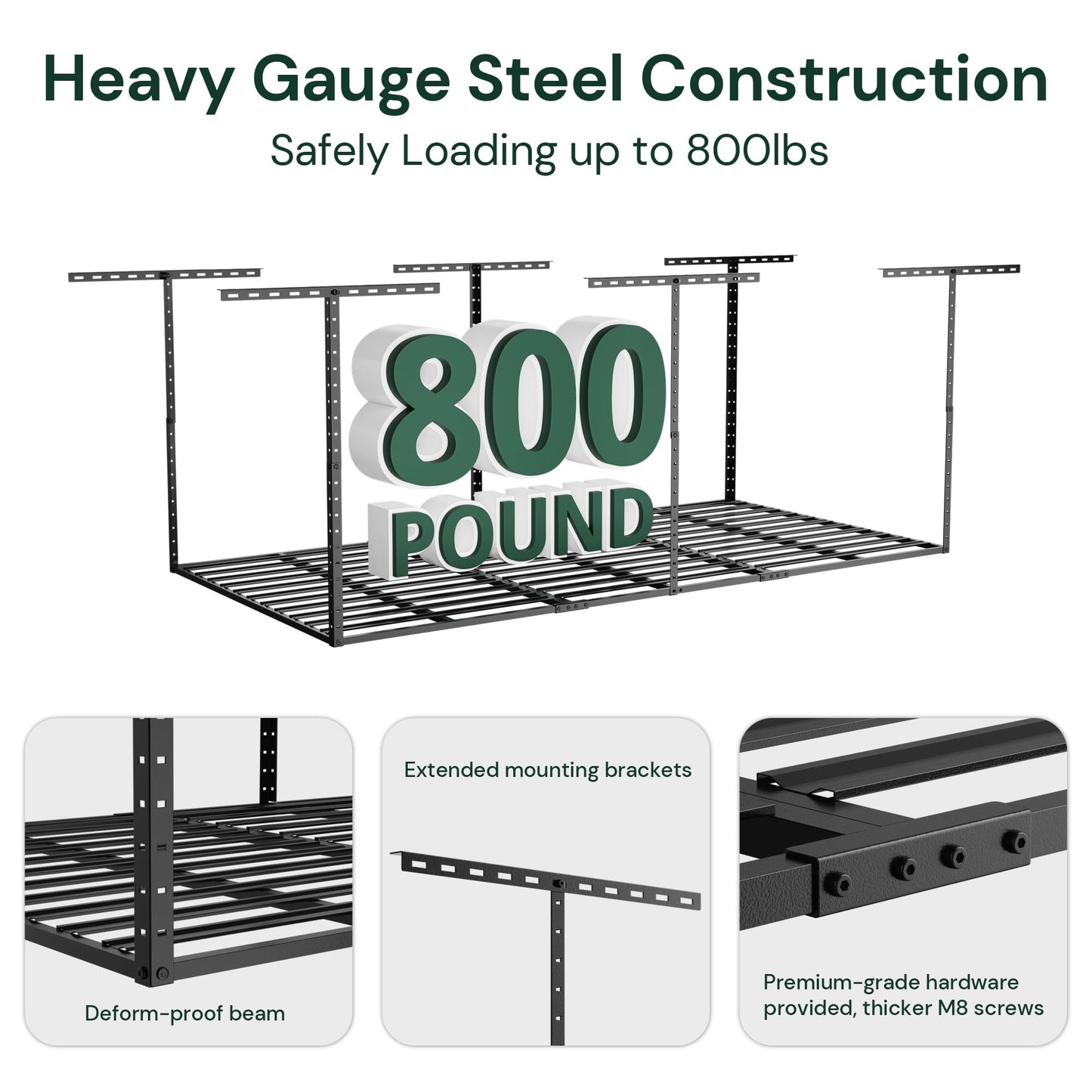 SunsGrove 4x8 Garage Storage Overhead Rack Organization, Adjustable Ceiling Mounted Storage Racks, 800LBS Weight Capacity, 22"-40" Ceiling Dropdown, 2 Pcs, Hammertone Black