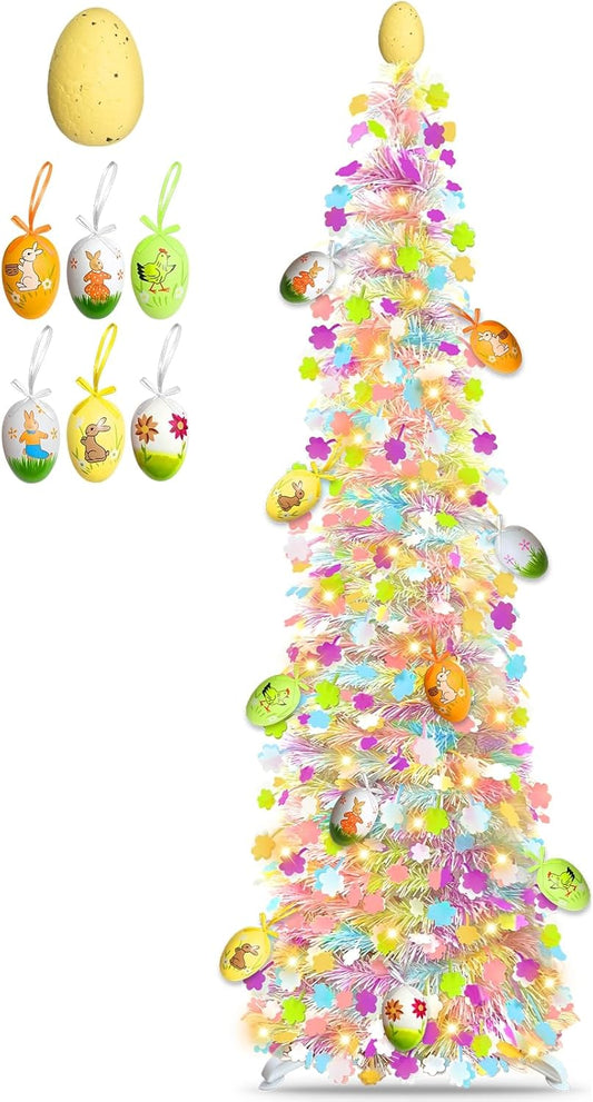 Skiennix 5Ft Lighted Easter Tree - 50 LED Warm White Lights & Colorful Eggs | Battery Operated, Collapsible Design for Home & Party Decor