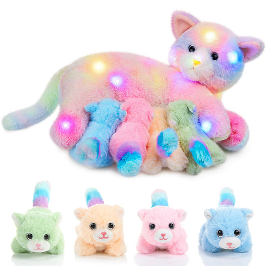 Skylety Nurturing Cat Stuffed Animal with 4 Plush Kittens, Cats Baby Stuffed for Girls Boys Plushy Mommy Kitty with Baby Kittens for Birthday Party Favors Gifts(LED Style)