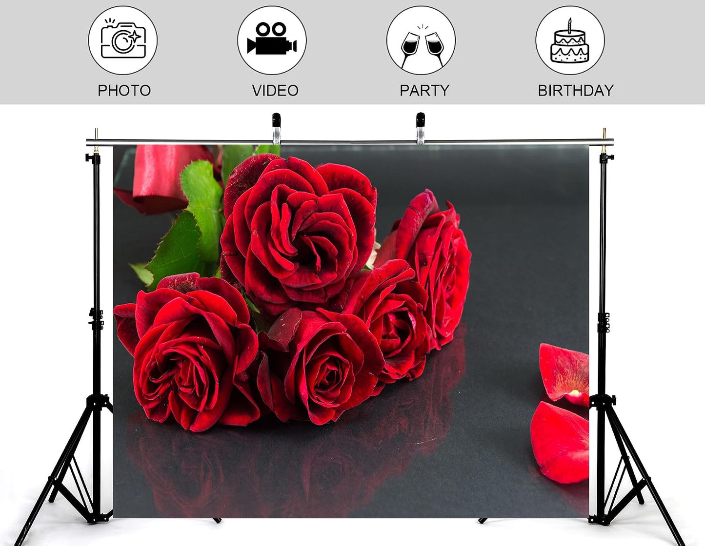 KeyWork 8x8ft Red Rose Bouquet Backdrop Fresh Bloom Petal Photography Background for Valentine's Day Gift Party