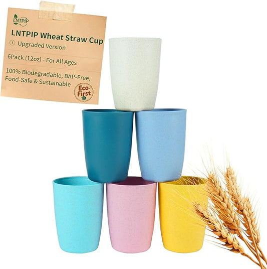 Wheat Straw Cups, Plastic Cups Reusable, Unbreakable Drinking Glasses with BPA-Free, Kids Plastic Cups, Dishwasher Safe, Eco-Friendly Cups for Party Office Outdoor Home, 6 Pack(12OZ, Multi)