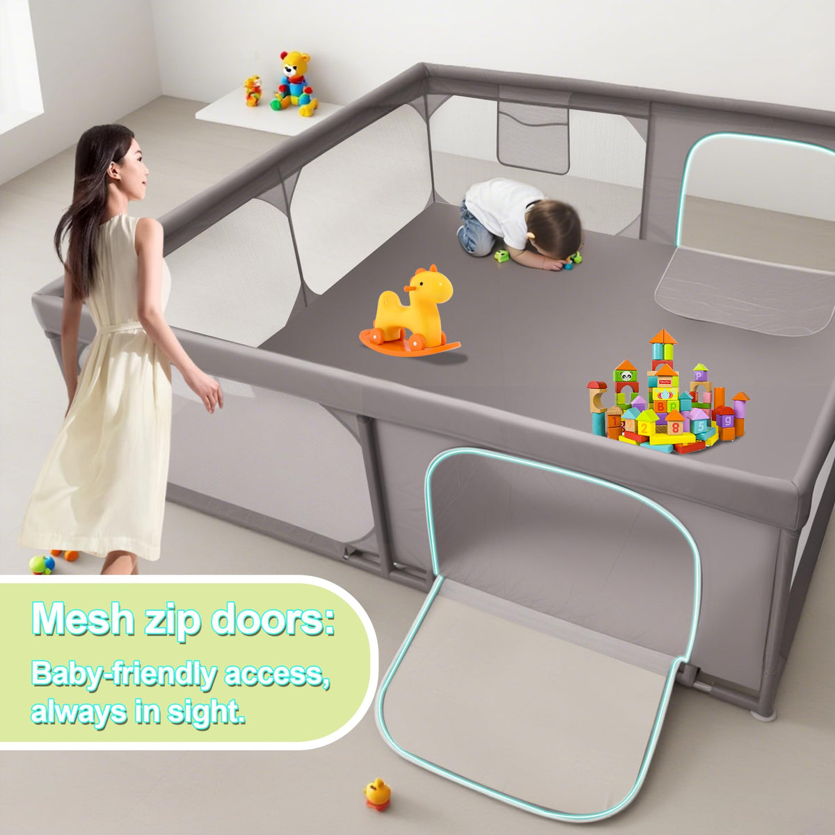 Baby Playpen 79"x79" Extra Large Play Pen for Babies and Toddlers, Safety Baby Play Yard & Fence with Dual Zipper Doors, Dual Storage Mesh Pockets, and Fully Transparent Sides