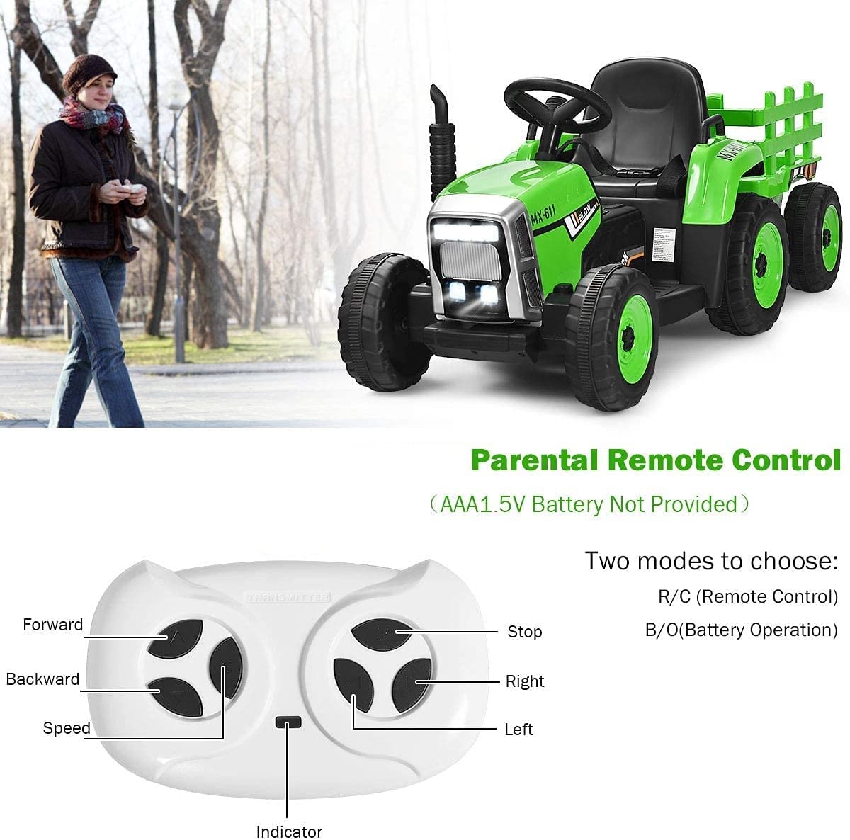 Costzon Ride on Tractor with Detachable Trailer, Kids' Electric Vehicles w/3-Gear-Shift Ground Loader, Wireless Design & USB, 7 LED Headlights, Remote Control Tractor Toy for Kids 3+ (12V, Green)