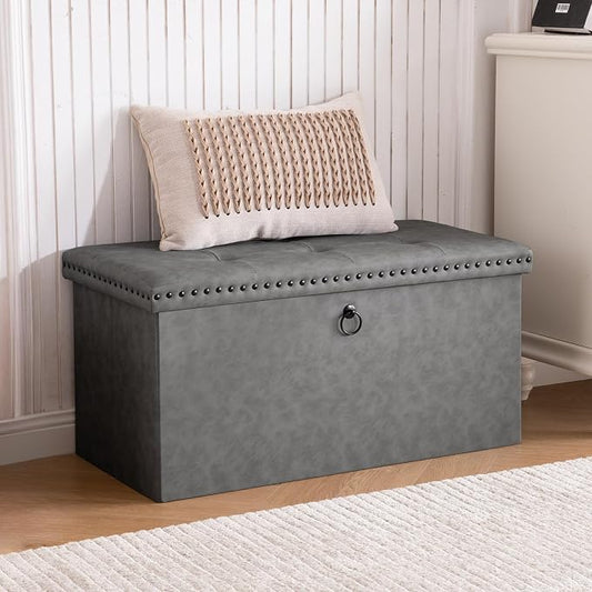 oakvivo 30 Inches Folding Storage Ottoman Bench, Leather End of Bed Foot Rest Stools with Button Tufted Rivet Design, Ottoman with Padded Seat for Bedroom, Living Room, Entryway, 330 lb, Grey