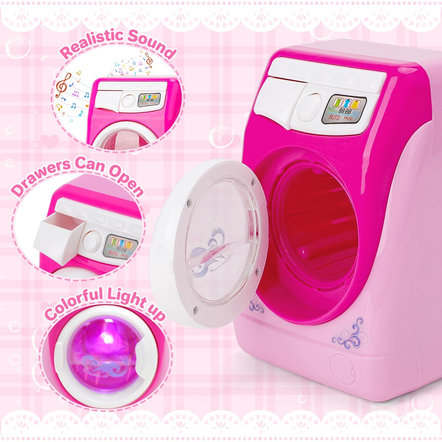 deAO Washing Machine Toy for Kids Dollhouse Furniture Pretend Play Household Appliance Laundry Play Set with Rotatable Roller for Boys Girls