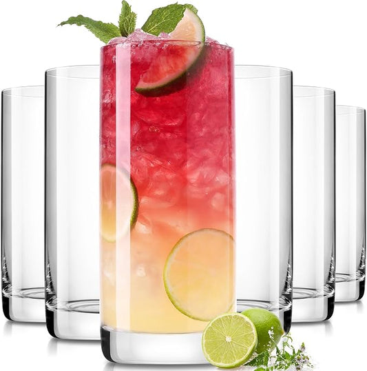 LUNA & MANTHA Drinking Water Glasses Set, Lead-Free Crystal Highball Glass, Tall Glass Cups for Cocktail Parties,Clear set of 6,13oz