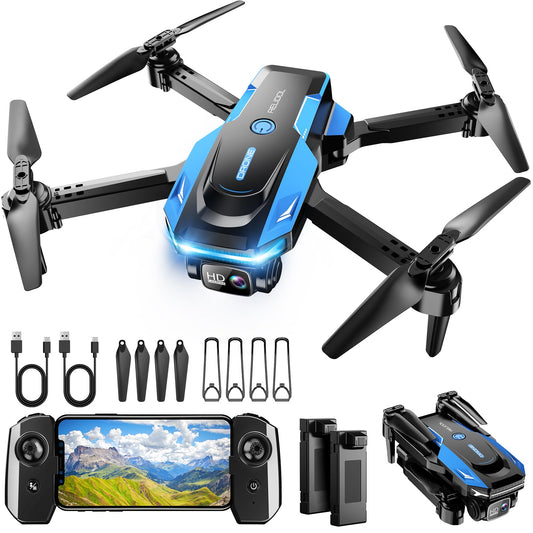 Drone with 1080P Camera - Foldable Remote Control Quadcopter with Gesture Control, 3D Flip, One Key Start, Emergency Stop, 2 Batteries, Easier to use, Toy for Adult Beginners, Black&Blue