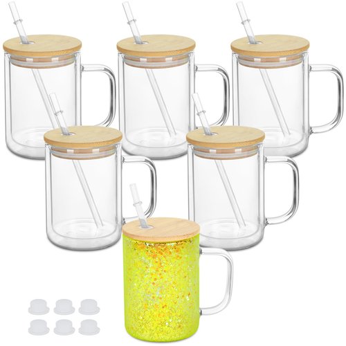 Maucircol 15 Oz Pre-Drilled Glass Snow Globe Tumbler with Handle, 6 Pack Double Wall Snowglobe Cup Coffee Mug For Snow Globe Diy Glitter, Clear