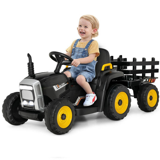 OLAKIDS 12V Kids Ride On Tractor, 2 in 1 Electric Vehicle with Remote Control, Detachable Trailer, Toddlers Battery Powered Driving Toy with 2 Speeds, Music, USB, Bluetooth, Lights (Black)