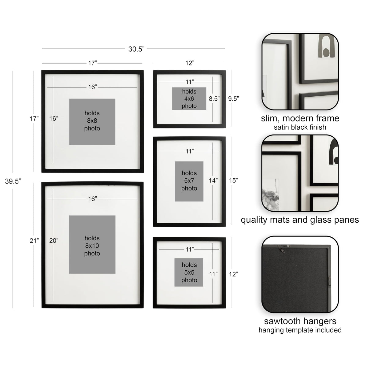 Kate and Laurel Gallery Contemporary Rectangle Picture Frame Set of 5, Varying Sizes, Black, Modern Five-Piece Photo Frames for Gallery Wall Set in Living Room Wall Decor